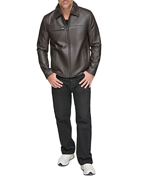 Shop Andrew Marc Damour Leather Full Zip Trucker Jacket In Espresso