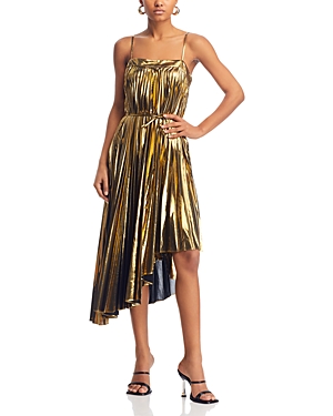 Shop Milly Irene Pleated Metallic Asymmetrical Dress In Gold