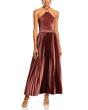 Shop L'idée L'idee Cheri Pleated Halter Gown In Chocolate