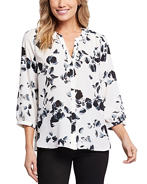 Nydj Three Quarter Sleeve Printed Pintucked Back Blouse In Lotus Leaf