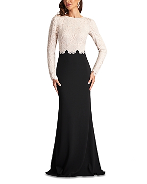 Shop Tadashi Shoji Long Sleeve Corded Lace Crepe Gown In Ivory/black