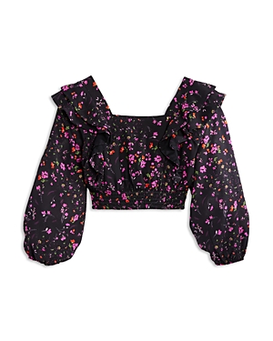 Aqua Girls' Floral Print Ruffled Top, Little Kid, Big Kid - 100% Exclusive In Black Multi