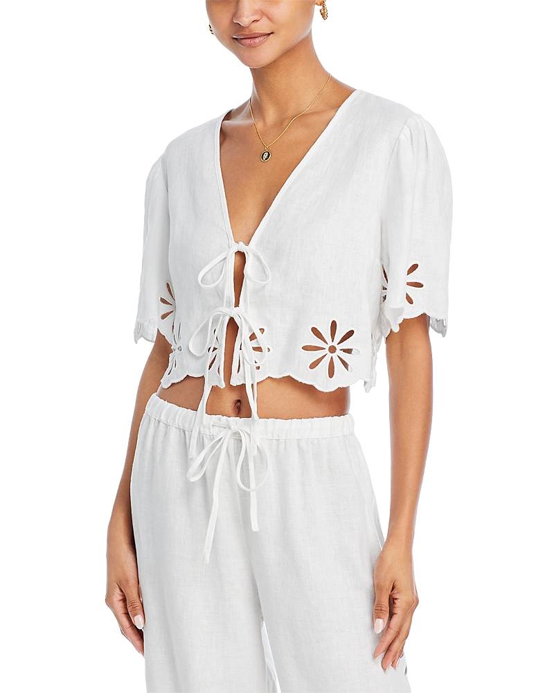 Rails Pari Eyelet Tie Front Linen Crop Top In White Eyelet
