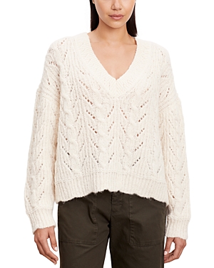 Velvet By Graham & Spencer Cable Knit V Neck Sweater In Milk White