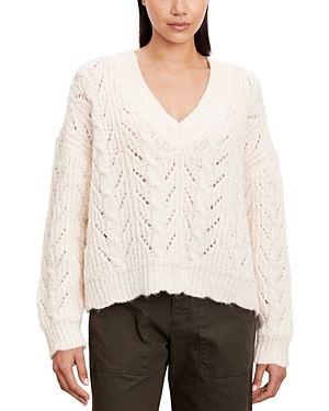 Velvet By Graham & Spencer Cable Knit V Neck Jumper In Milk White