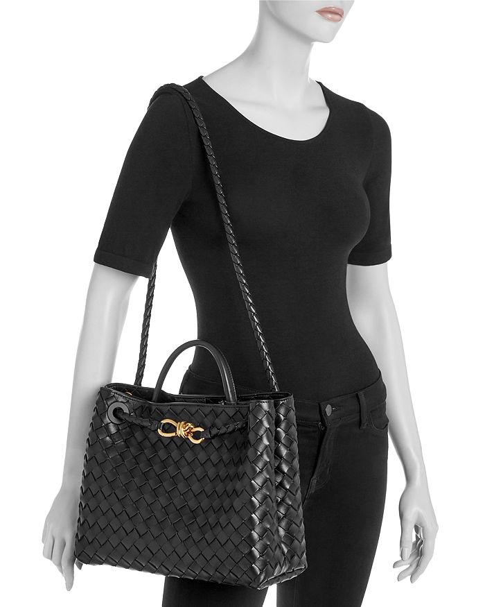 Shop Bottega Veneta Medium Andiamo Intrecciato Leather Shoulder Bag In Black/gold