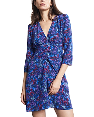 The Kooples Feather Print Three Quarter Sleeve Dress In Blue/ Red