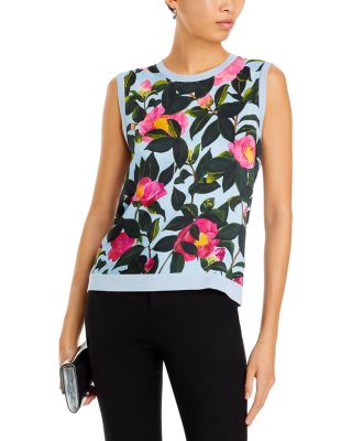 Oscar De La Renta Camellia Print Inset Tank Top In Pink Pale Blue