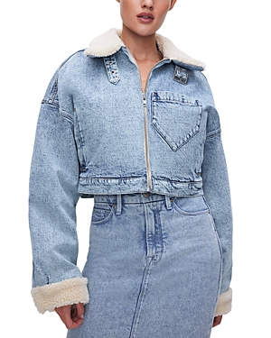 Shop Good American Uniform Sherpa Trim Denim Cropped Jacket In Blue 585