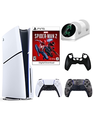 PS5 SpiderMan 2 Console with Extra Camo Dualsense Controller, Dual Charging Dock and Silicone Sleeve