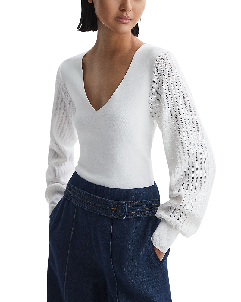 Reiss Lexi Stitch Sleeve V Neck Top In Ivory