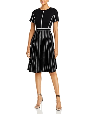 Misook Contrast Striped A-line Soft Knit Midi Dress In Black/white
