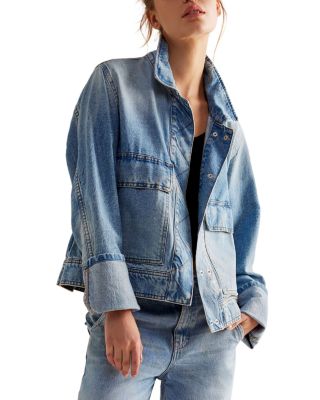 Free People Sandrine Rose Zip store Bomber Denim Jean Jacket Coat Sz S Blue Oversized