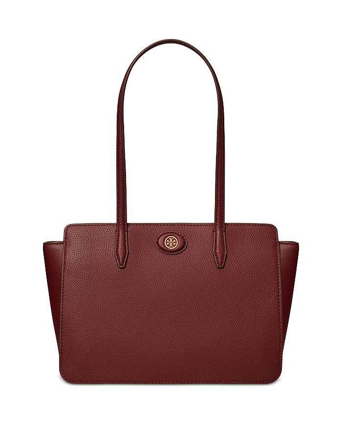 Shop Tory Burch Robinson Small Pebbled Leather Tote In Claret/gold