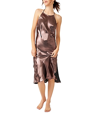 Free People Sunset Shimmer Satin Midi Slipdress In Rose Gold