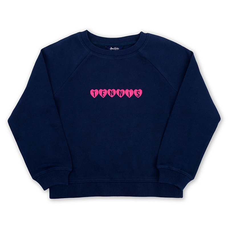 Shop Ame & Lulu Unisex On The Court Sweatshirt Xl/tennis Hearts In Navy With Hot Pink Detail
