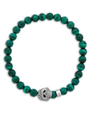 Men's Sterling Silver Anthem Malachite Bead Skull Stretch Bracelet - Exclusive