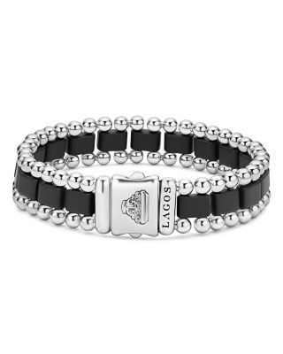 Men's Sterling Silver Anthem Obsidian Bead Skull Stretch Bracelet - Exclusive