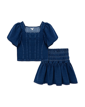Shop Habitual Girls' Smocked Puff Sleeve & Mini Skirt Denim Set - Big Kid In Indigo