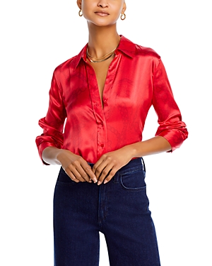 L Agence Dani Three-quarter Sleeve Silk Button-up Shirt In Red Allover