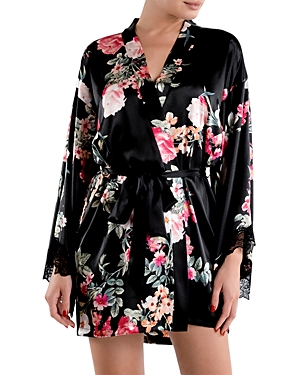 Shop In Bloom By Jonquil Holiday Romance Luxe Satin Lace Trim Wrap Robe In Black