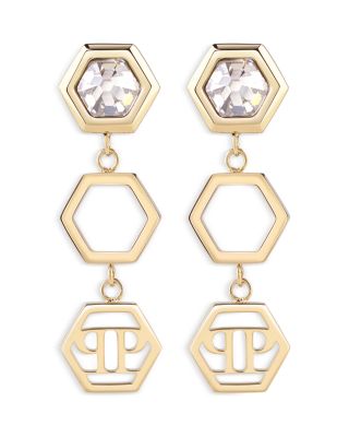 PHILIPP PLEIN - Hexagon Gold Tone Drop Earrings, 1.3"L