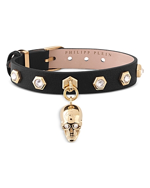 Shop Philipp Plein 3d $kull Crystal Studded Leather Bracelet In Black/gold