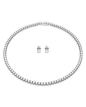 Swarovski Matrix Tennis Necklace & Stud Earrings Set In Rhodium Plated In Silver