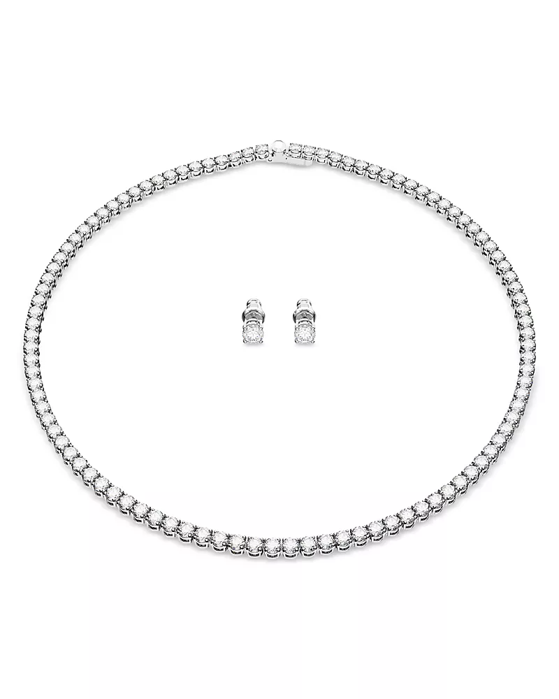Swarovski Matrix Tennis Necklace & Stud Earrings Set in Rhodium Plated
