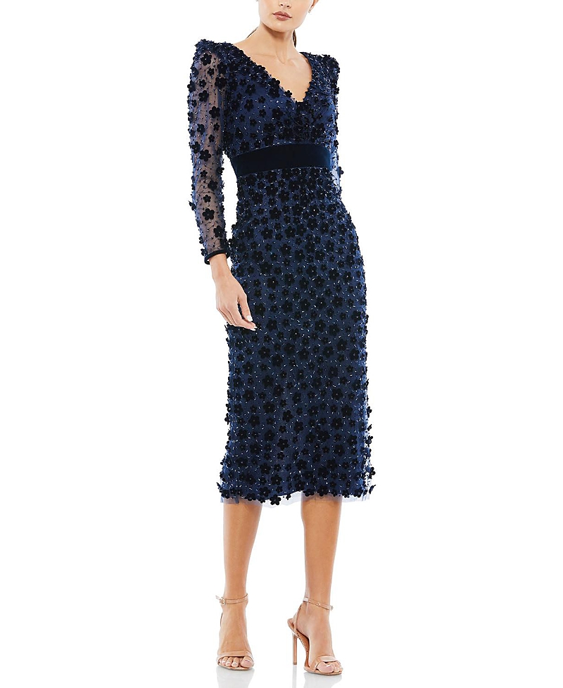Mac Duggal Embellished V Neck Illusion Long Sleeve Column Midi In Midnight
