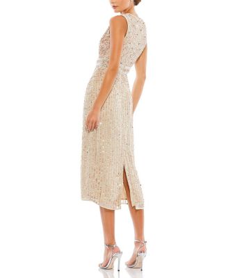 Sleeveless High Neck Beaded Midi Sheath Dress