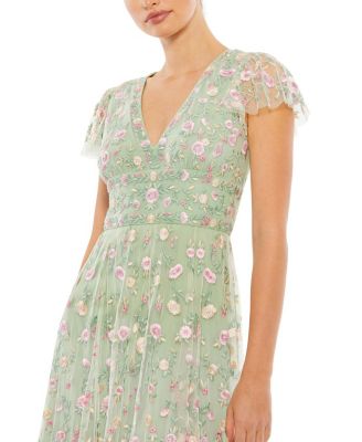 Embroidered V Neck Cap Sleeve Midi Dress