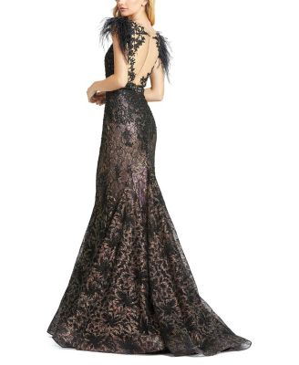 Embellished Feather Cap Sleeve Illusion Neck Trumpet Gown