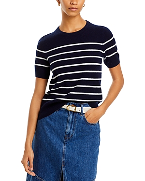 C By Bloomingdale's Cashmere Striped Short Sleeve Crewneck Jumper - 100% Exclusive In Navy/ivory