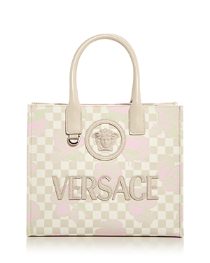 Shop Versace Floral Check Canvas Tote Crossbody In Light Sand