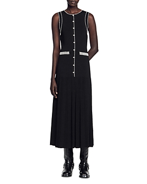 Sandro Naima Imitation Pearl Button Front Sleeveless Midi Dress In Black