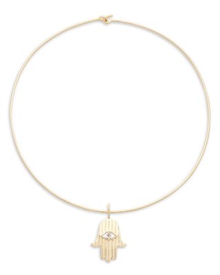 Jennifer Zeuner - Sari White Sapphire Hamsa Pendant Choker Necklace in 14K Yellow Gold Over Sterling Silver, 14"