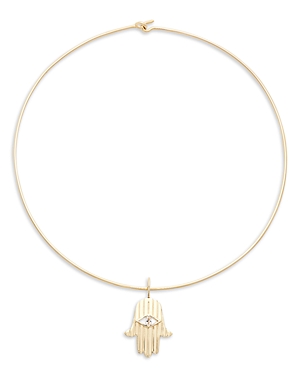 Jennifer Zeuner Sari White Sapphire Hamsa Pendant Choker Necklace in 14K Yellow Gold Over Sterling S