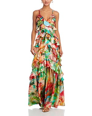 Shop Ramy Brook Harlen Ruffled Tiered Gown In Tropical Orange Floral