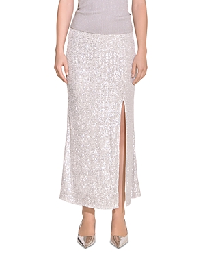 Shop Endless Rose Front Slit Midi Sequin Skirt In Silver