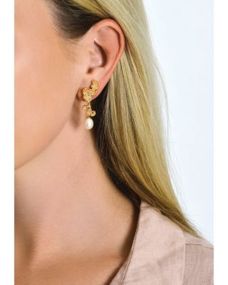 Pav&eacute; & Cultured Freshwater Pearl Orchid Drop Earrings in 18K Gold Plated
