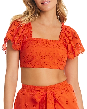 Eyelet Puff Sleeve Crop Top Swim Cover-Up