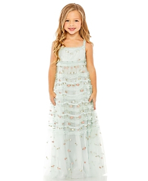 Shop Mac Duggal Girls' Sleeveless Floral Embroidered Tiered Gown - Little Kid, Big Kid In Blue Multi