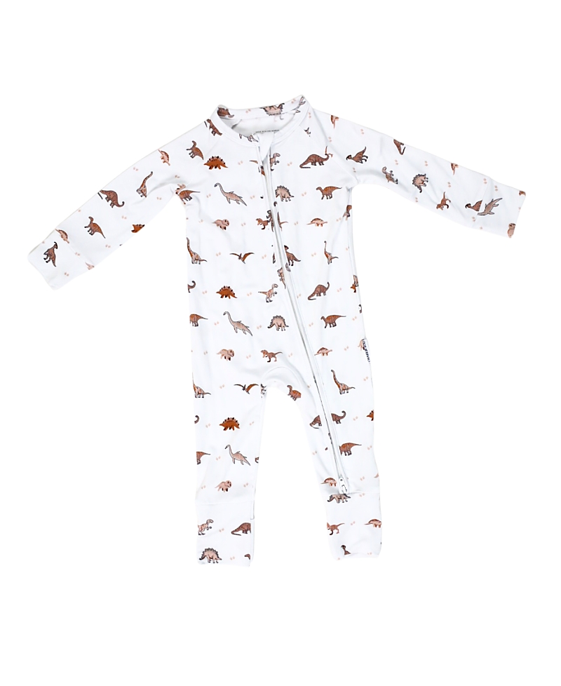 Charlie Lou Baby Unisex Neutral Dinosaurs Romper - Baby In White With Print