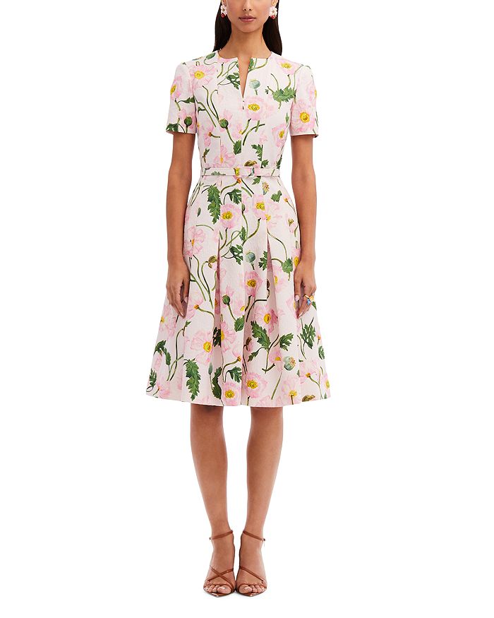 Oscar de la Renta Painted Poppies Split Neck Belted Dress | Bloomingdale's