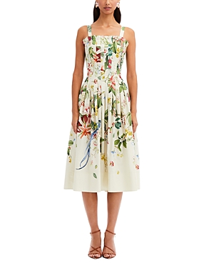 Oscar De La Renta Degrade Floral Fauna Print Draped Midi Dress In Ecru Multi