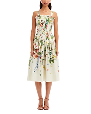 Shop Oscar De La Renta Pleated Floral Midi Dress In Ecru Multi