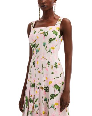 oscar de la renta pleated dress Oscar de la Renta Scoop Neck Butterfly Poplin Pleated Dress in Blue Multi,  Size 6