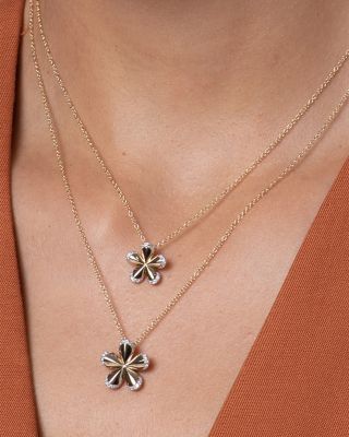 14K Yellow Gold Diamond Petal Pav&eacute; Edge Forget Me Not Small Necklace, 16-18"