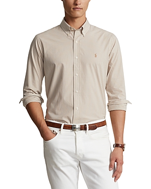 Shop Polo Ralph Lauren Cotton Stretch Poplin Gingham Check Classic Fit Button Down Shirt In Vintage Khaki/white